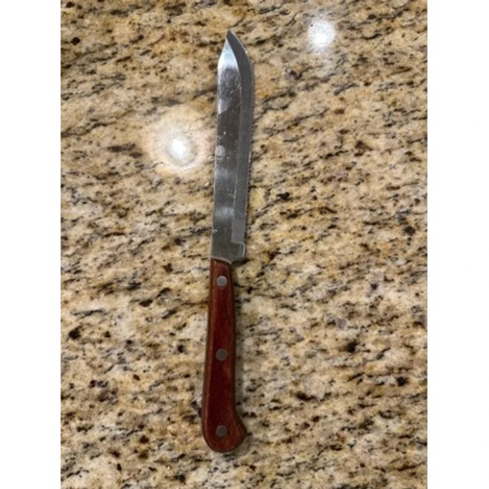 Vintage Medallion Serrated Edge‎ Butcher Knife Stainless Steel Japan Wood Handle